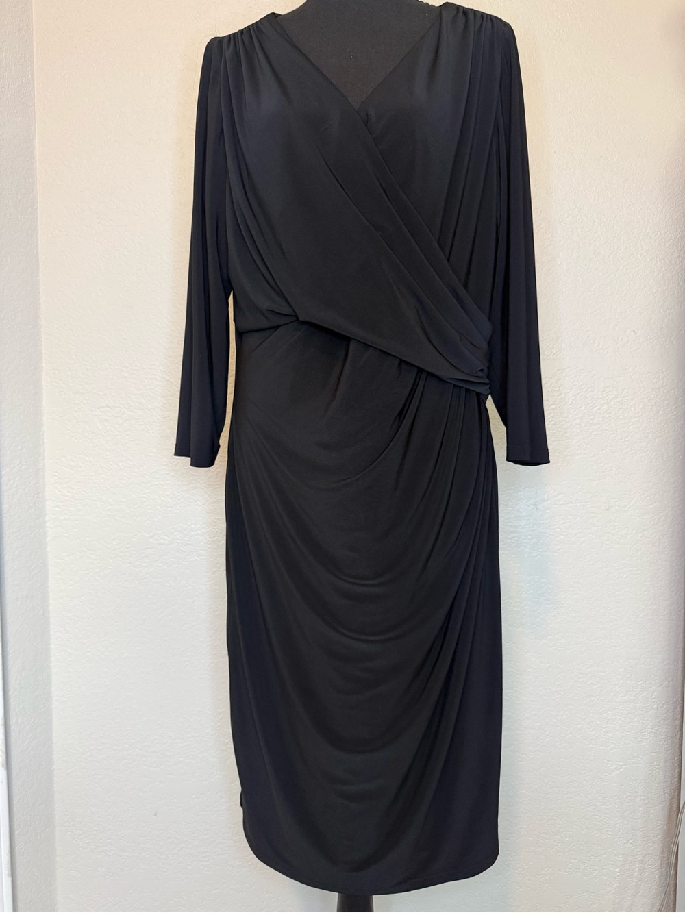 Lauren Ralph Lauren Black Faux-Wrap Draped Midi Dress